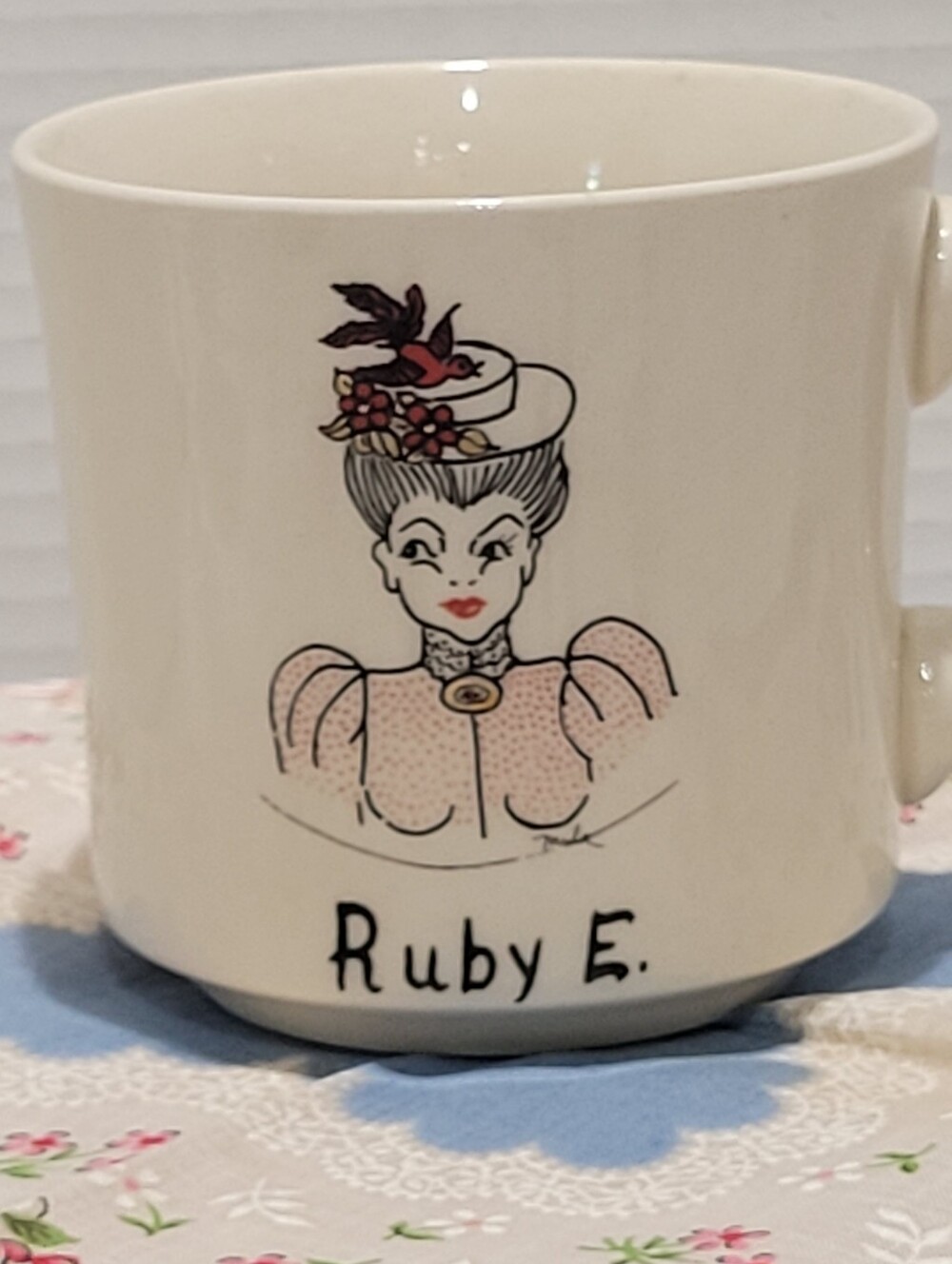 Vintage Edwardian Attired Woman Cream Colored Ceramic Mug Cup Ruby E Made In USA